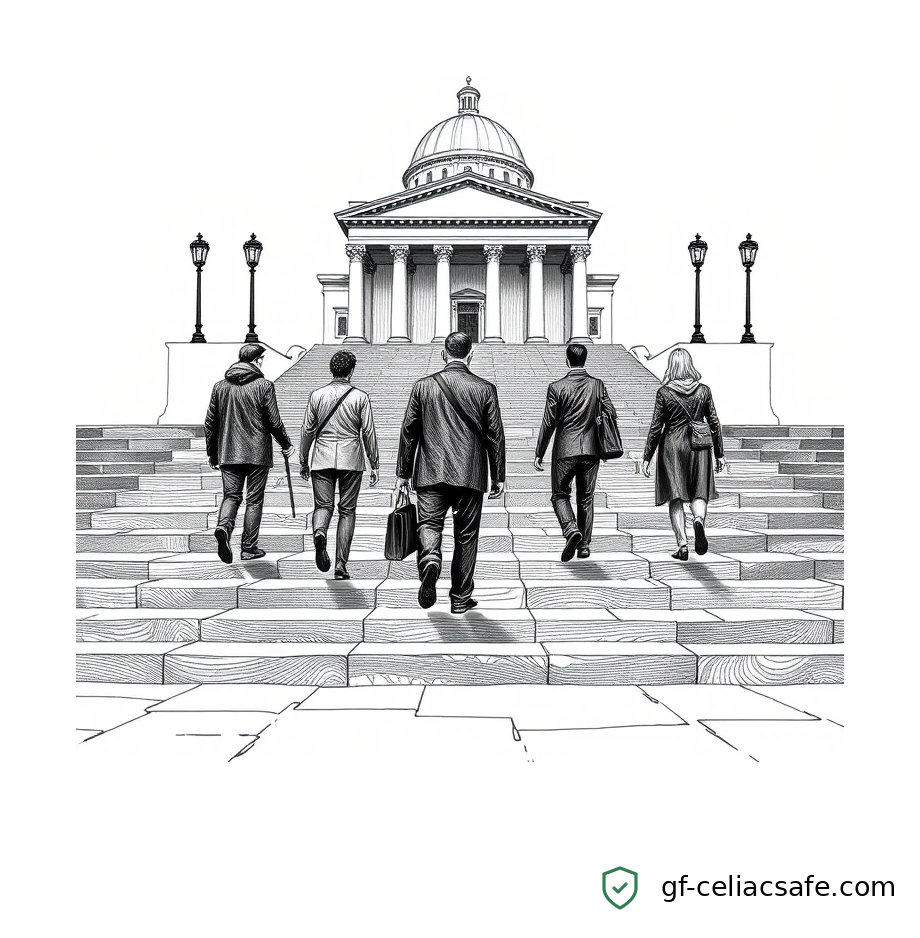 Crosshatch illustration of five back-view silhouettes climbing the wide stone steps of a domed government building, conveying the march on Washington