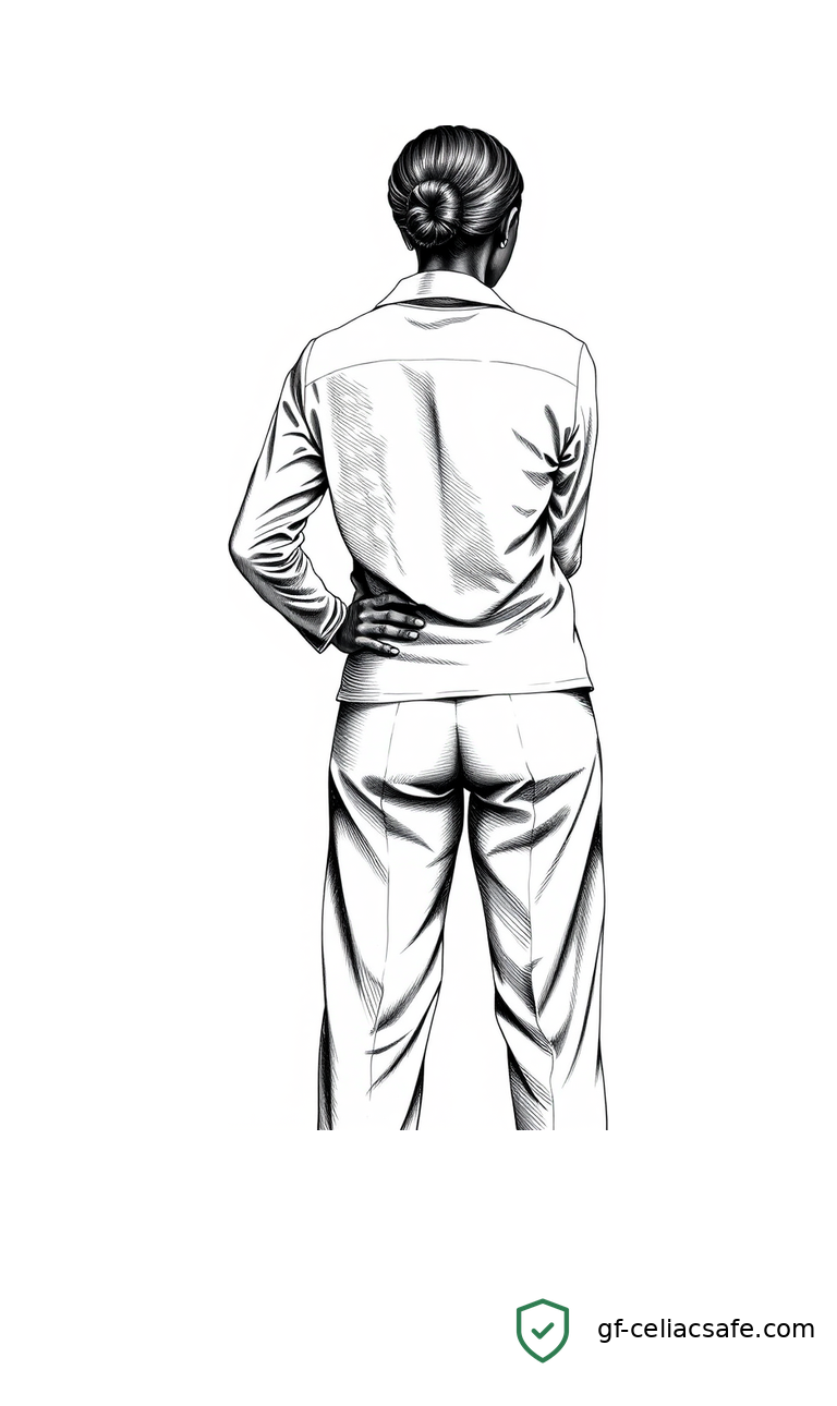 Crosshatch illustration of a person viewed from behind pressing a hand to their lower back, the inflamed lower-back area shaded dark to show inflammatory back pain in celiac disease