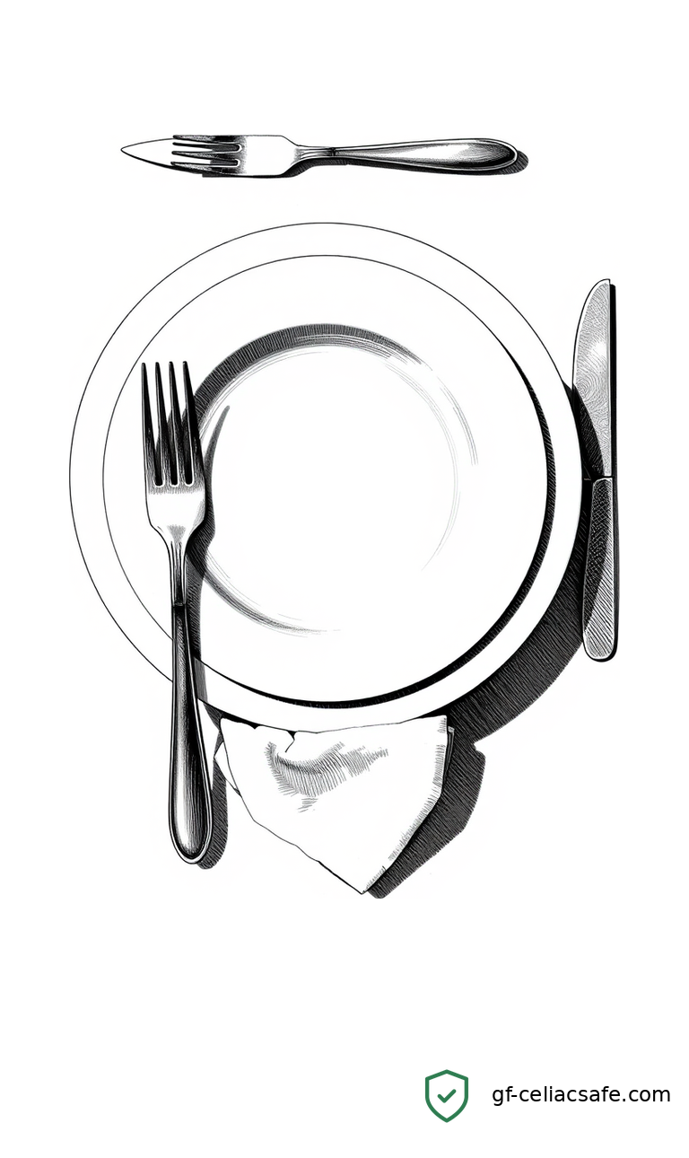Crosshatch illustration of a restaurant table place setting with an empty dinner plate, fork, knife, and folded napkin