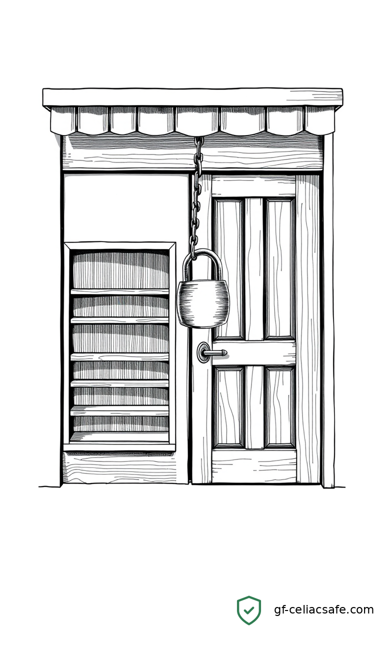 An empty gluten-free bakery display case with a closed sign visible on the front door
