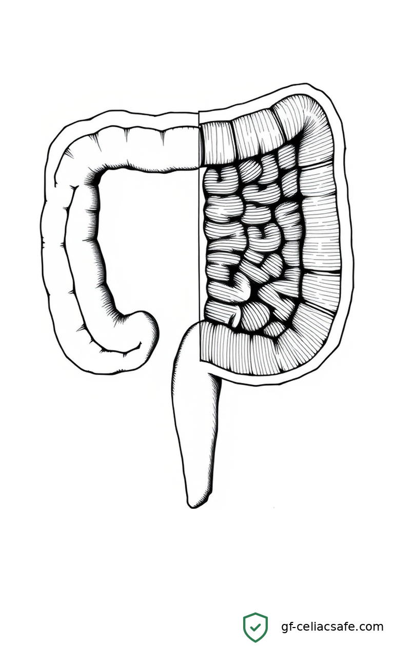 Illustration of small intestine cross-section alongside kidney anatomy, representing the celiac-kidney connection