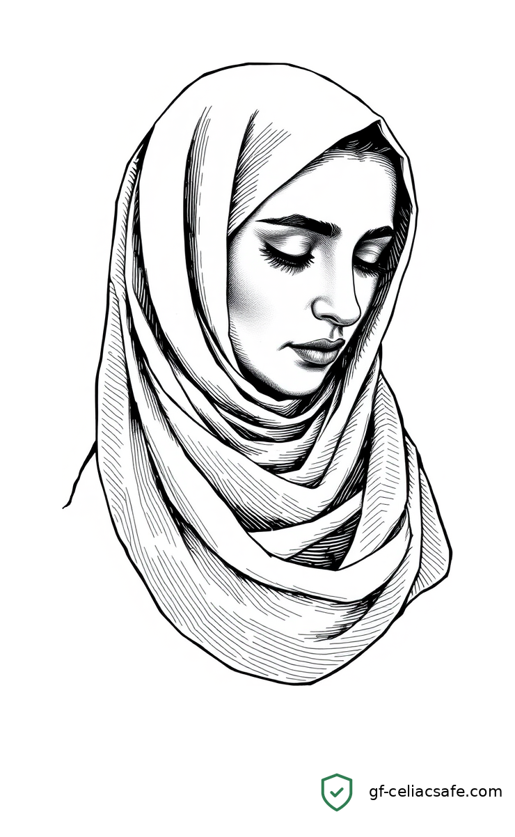 Crosshatch illustration of a Middle Eastern woman in a hijab in side profile, head lowered, a single tear falling — conveying the emotional weight on celiac parents