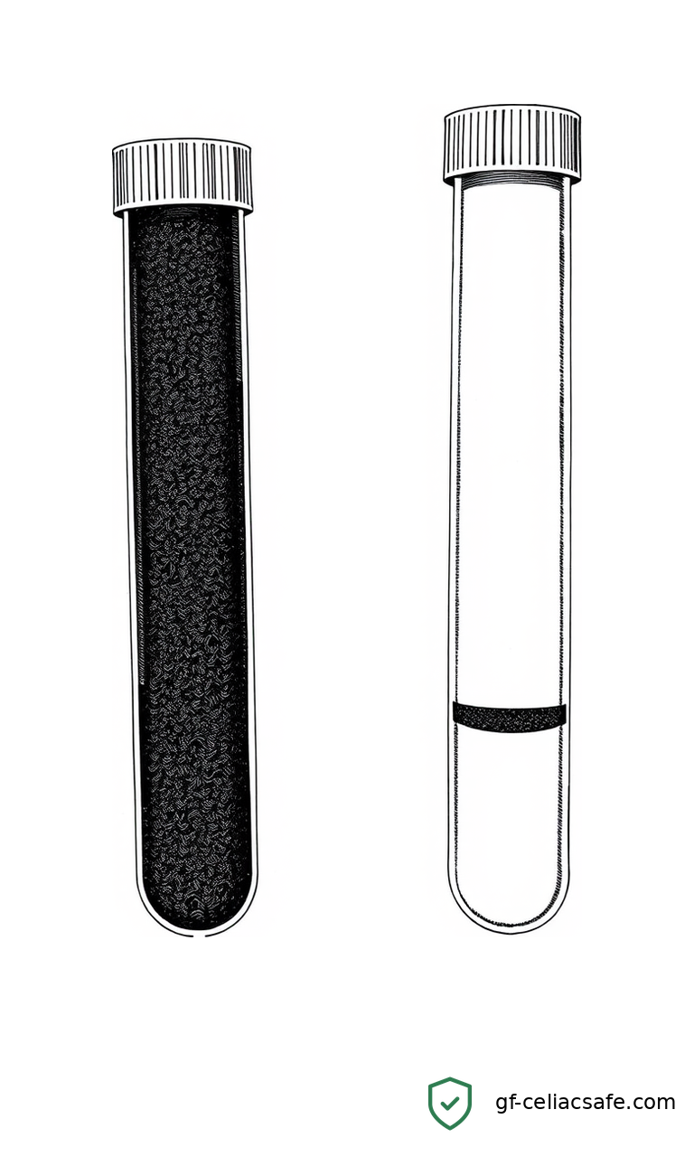 Blood sample tubes in a laboratory setting representing biomarker testing for celiac disease mucosal healing