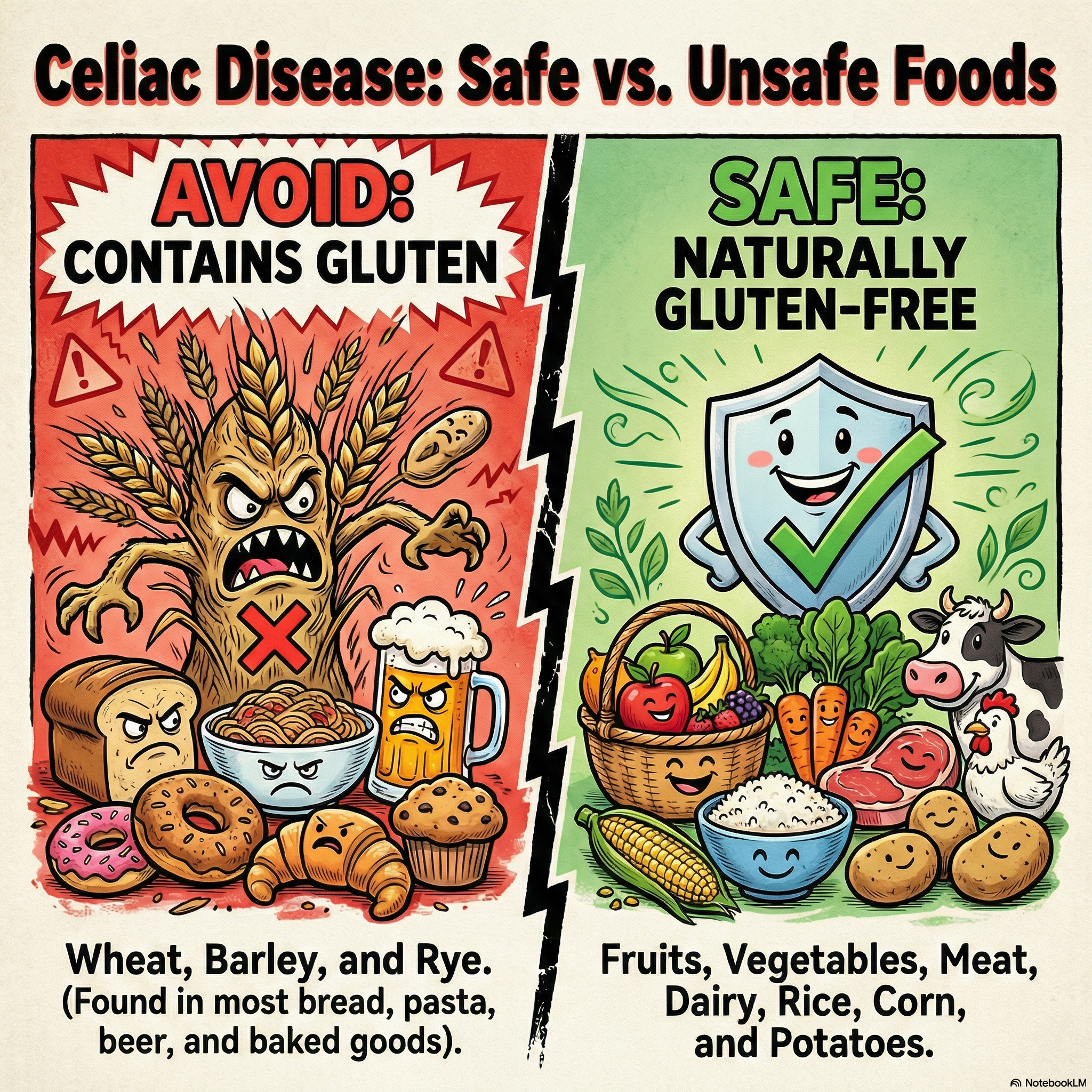 Cartoon infographic showing safe and unsafe foods for celiac travelers