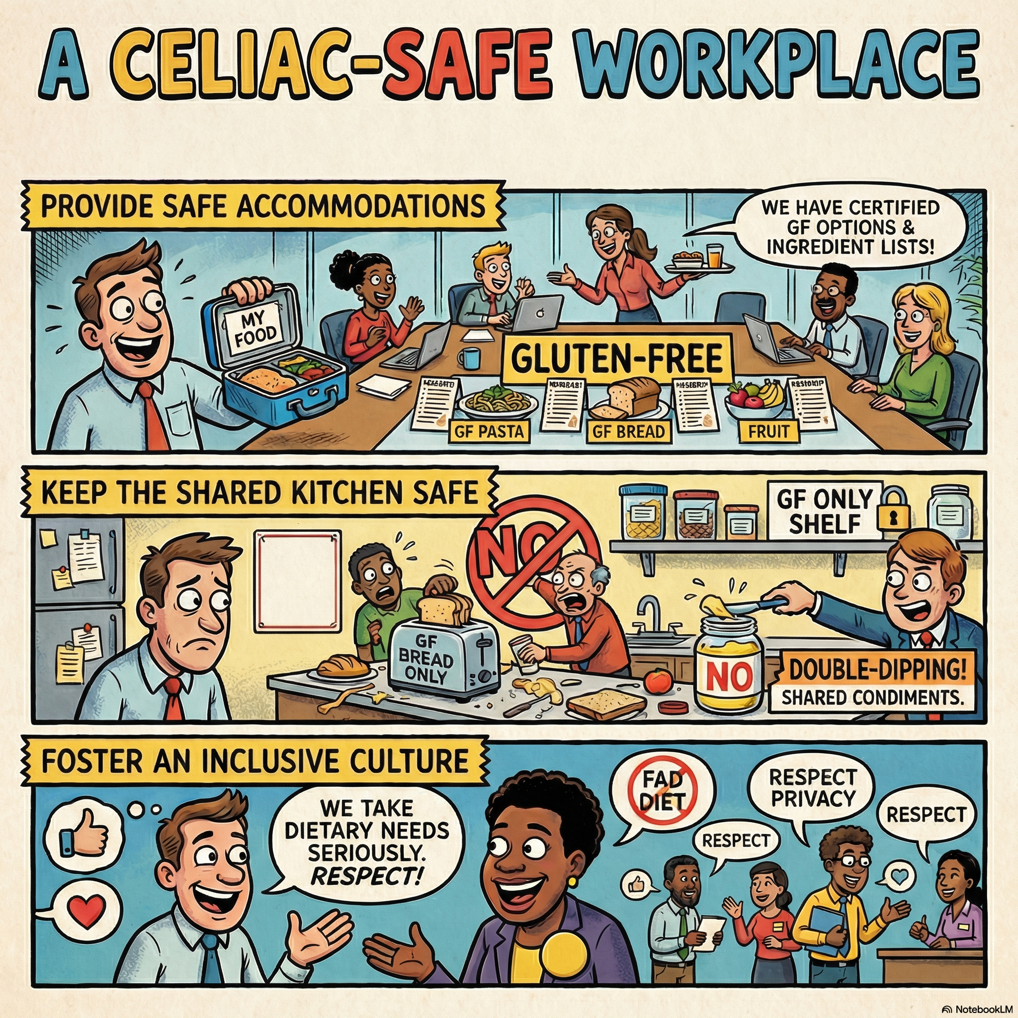 Cartoon infographic about navigating celiac disease at work and social events
