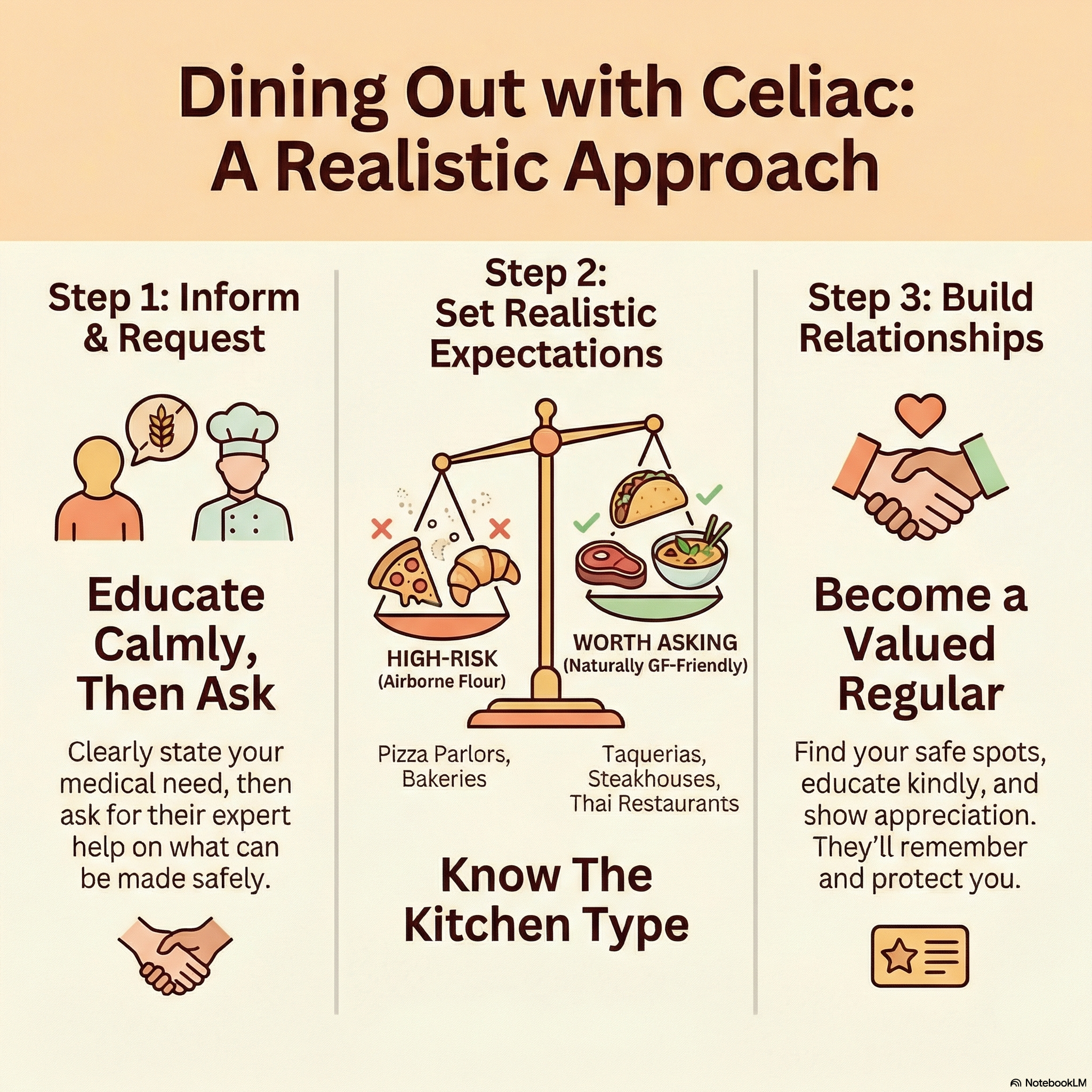 Infographic showing how to dine out safely with celiac disease