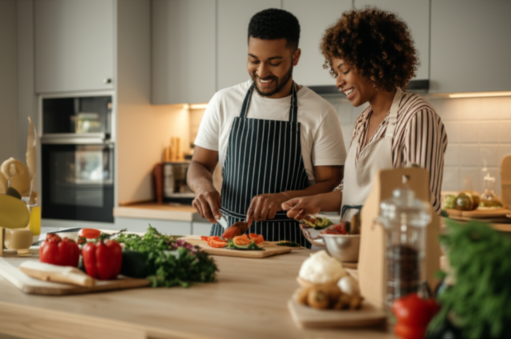 Supportive couple cooking together at home