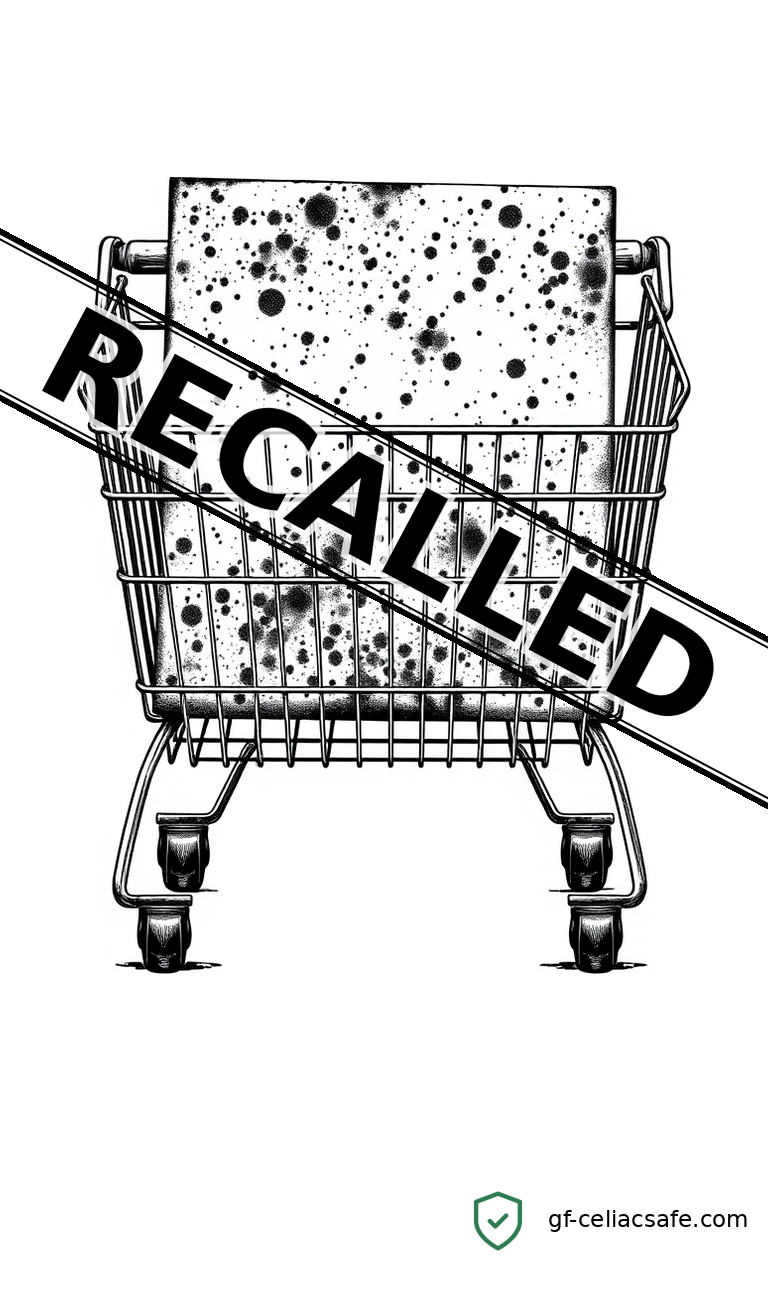 A gluten-free pizza kit on a kitchen counter with a recall warning overlay