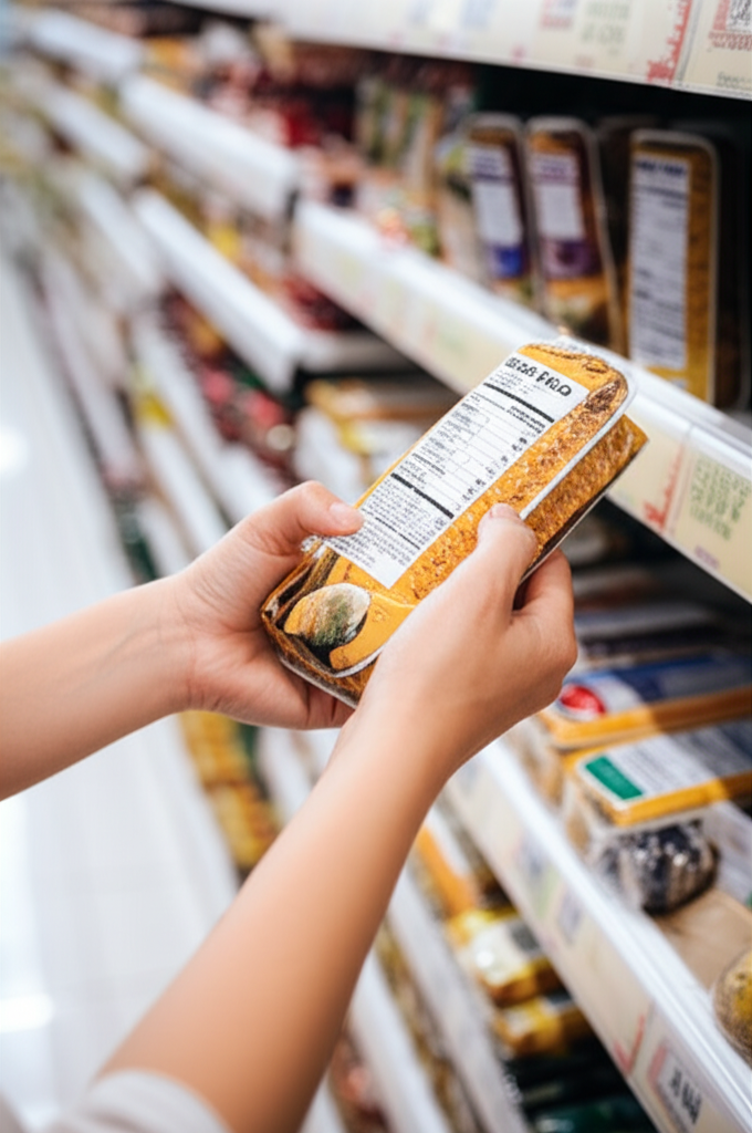 Hands reading a food label in a grocery store