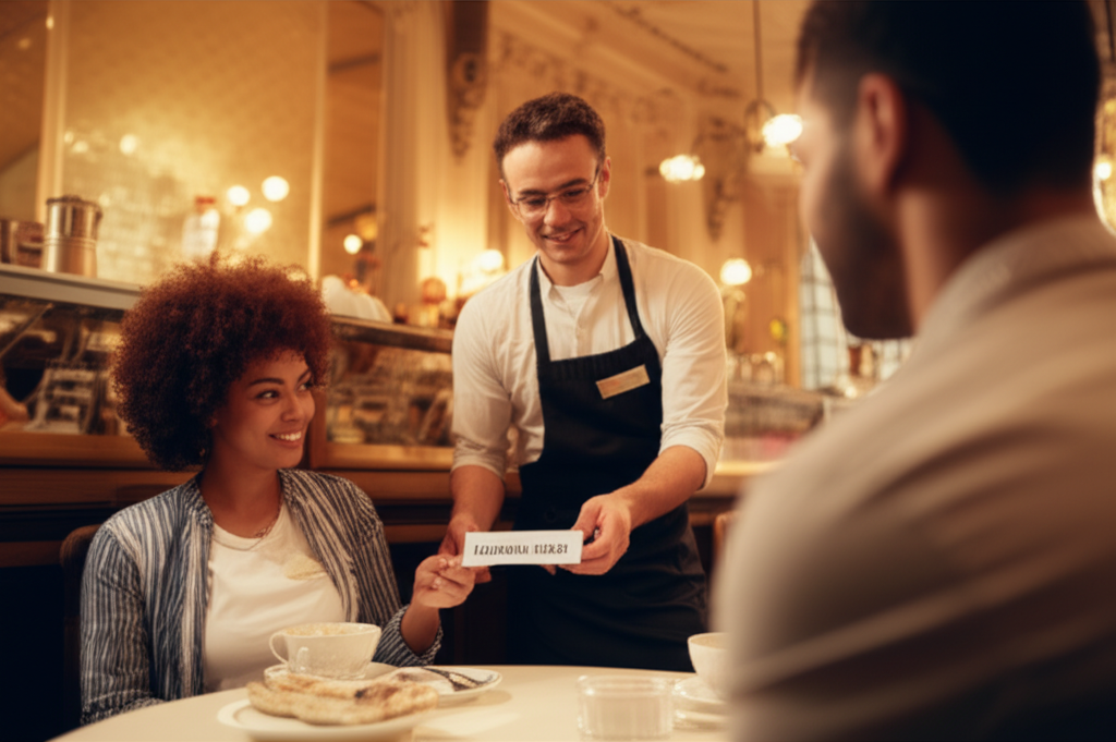 Traveler showing translation card to restaurant server