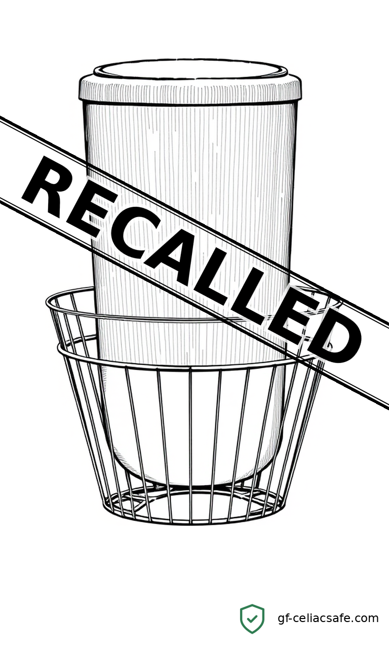 Yoghurt containers on a refrigerated store shelf with a recall notice placard