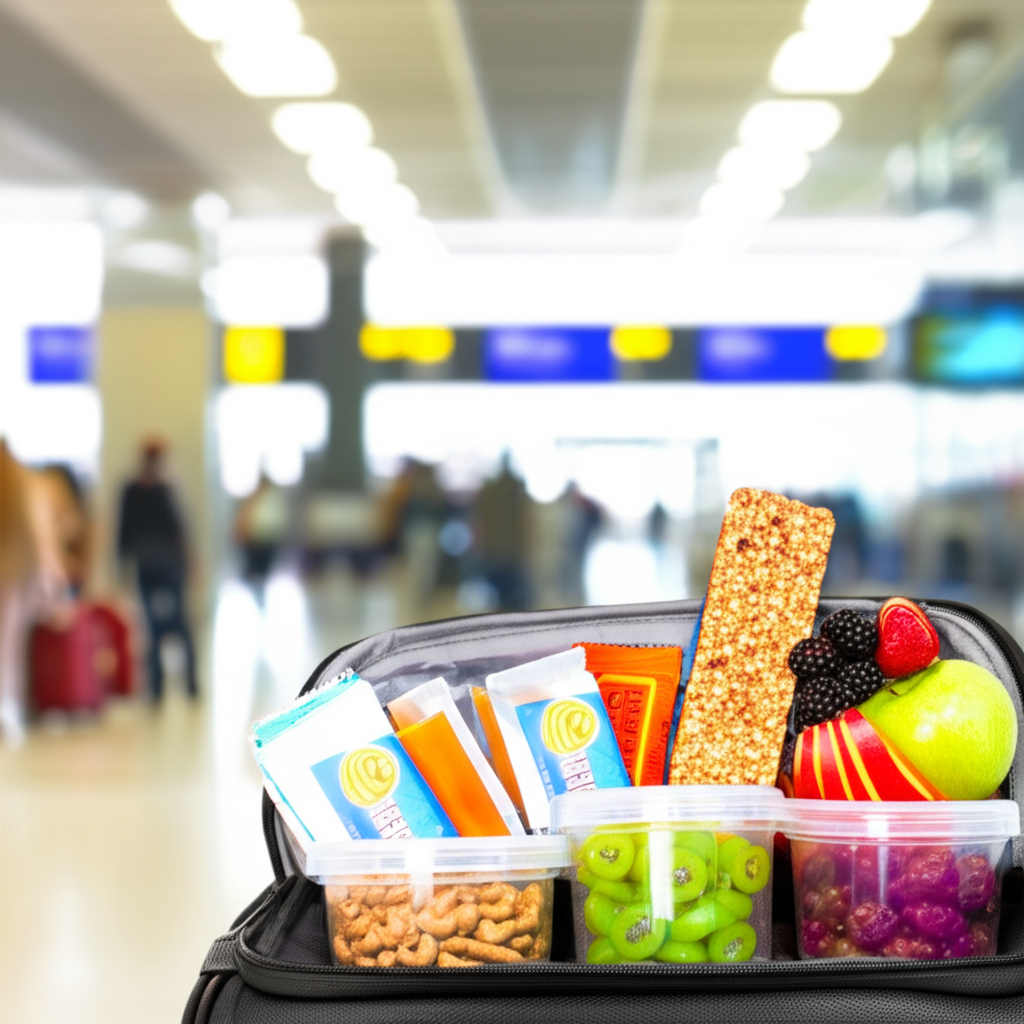 Prepared traveler with healthy snacks at airport