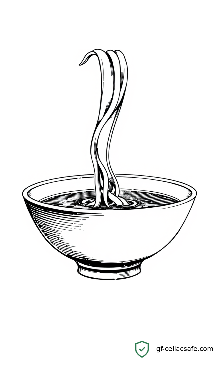 A bowl of chicken noodle soup with chickpea noodles on a wooden surface