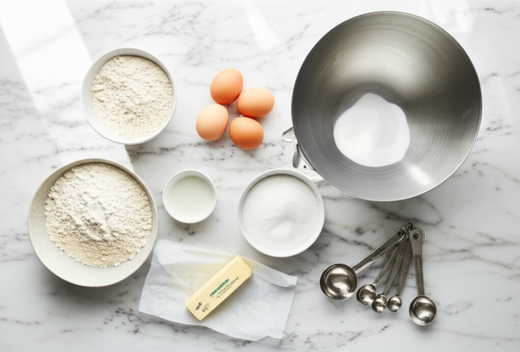 Gluten-free baking setup with flour, eggs, and measuring tools